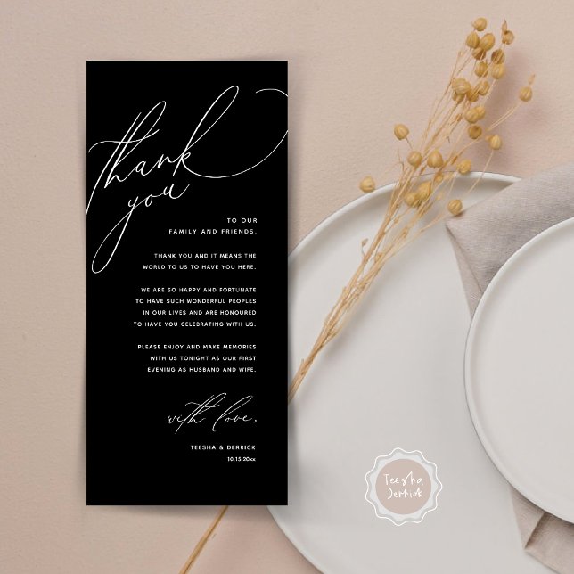 Moderno lugar de cena Boda - Tarjeta de agradecimi (Modern Wedding Dinner Place Setting Thank You Card, Romantic Plate Decor, in Classy Black)