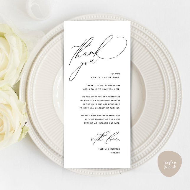Moderno lugar de cena Boda - Tarjeta de agradecimi (Modern Wedding Dinner Place Setting Thank You Card, Romantic Plate Decor, in Black White)