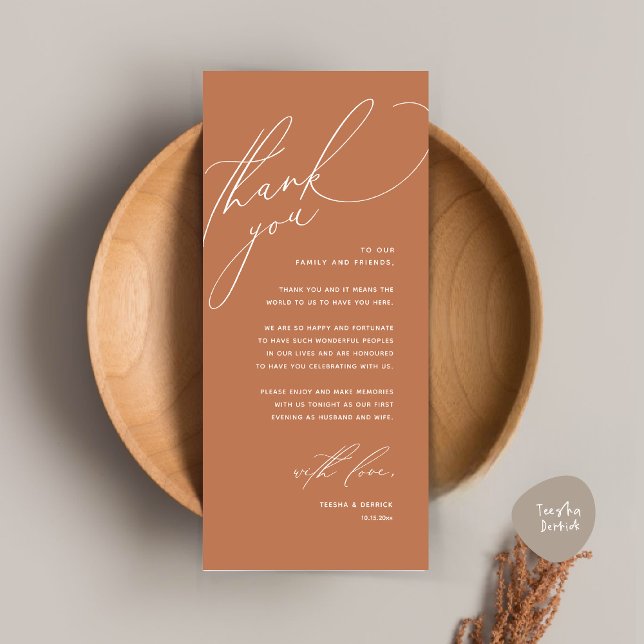 Moderno lugar de cena Boda - Tarjeta de agradecimi (Modern Wedding Dinner Place Setting Thank You Card, Romantic Plate Decor, in Copper Brown Terracotta)