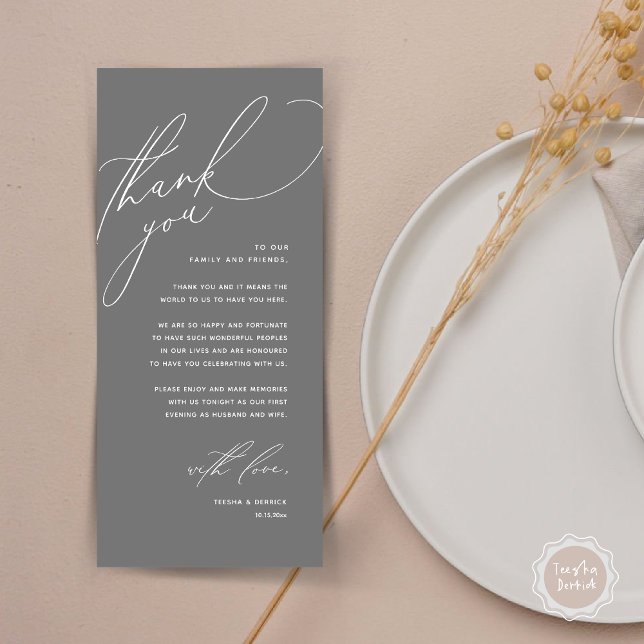 Moderno lugar de cena Boda - Tarjeta de agradecimi (Modern Wedding Dinner Place Setting Thank You Card, Romantic Plate Decor, in Dark Grey)