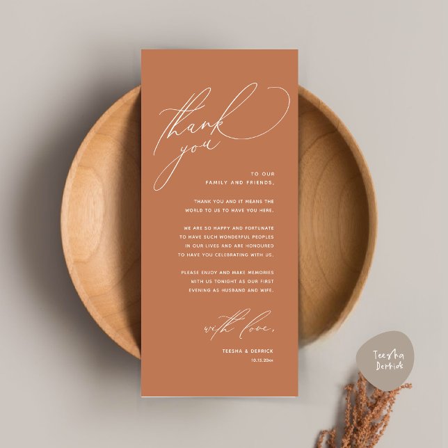 Moderno lugar de cena Boda - Tarjeta de agradecimi (Modern Wedding Dinner Place Setting Thank You Card, Romantic Plate Decor, in Copper Brown Terracotta)