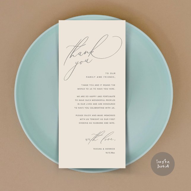 Moderno lugar de cena Boda - Tarjeta de agradecimi (Modern Wedding Dinner Place Setting Thank You Card, Romantic Plate Decor, in Cream Grey)