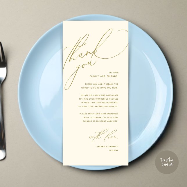 Moderno lugar de cena Boda - Tarjeta de agradecimi (Modern Wedding Dinner Place Setting Thank You Card, Romantic Plate Decor, in Yellow Gold)