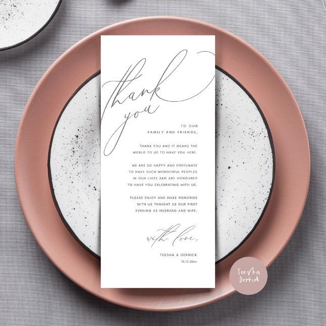 Moderno lugar de cena Boda - Tarjeta de agradecimi (Modern Wedding Dinner Place Setting Thank You Card, Romantic Plate Decor, in Dark Grey)
