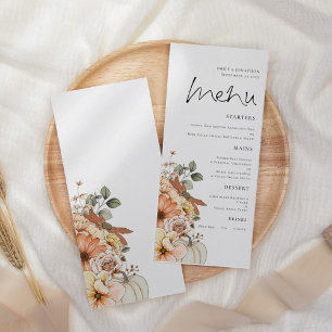 Moderno menú Boda de calabaza floral otoñal