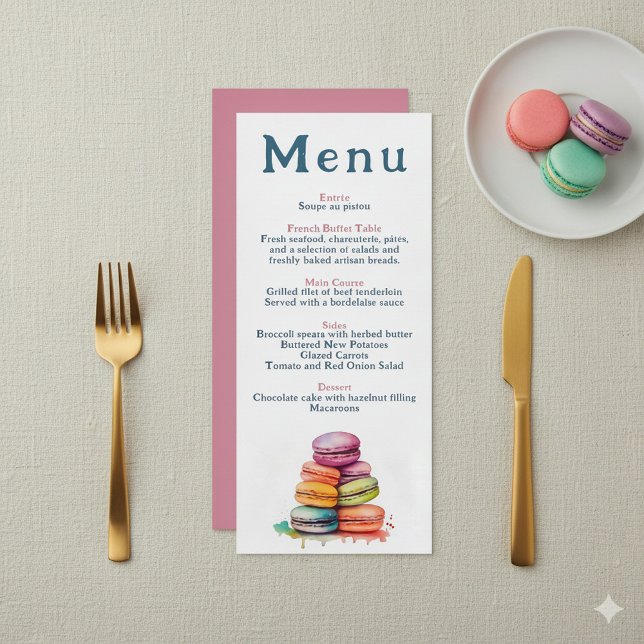 Moderno menú Boda de Macaron francés (Bright watercolor macarons wedding menu.)