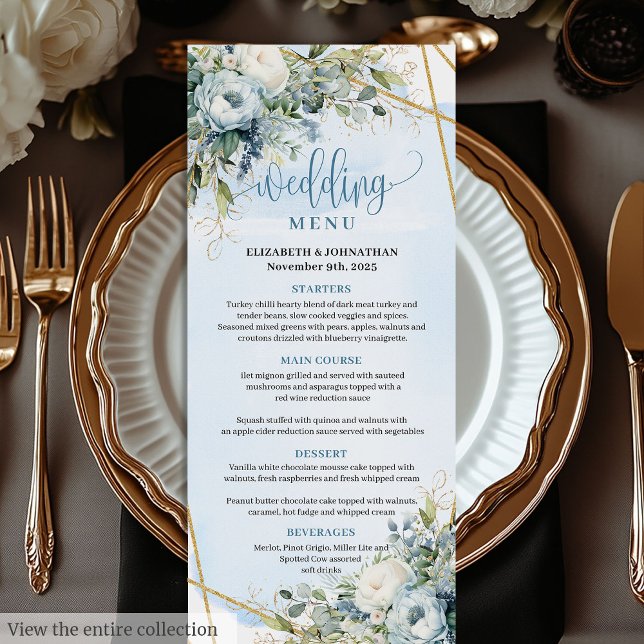Moderno menú Boda de marco dorado con vegetación a (Modern Dusty Blue Greenery Gold Frame Wedding Menu)