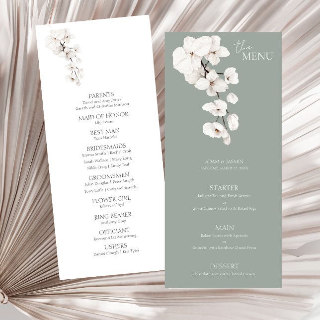 Moderno menú Boda de orquídeas blancas verdes sabr (Modern Sage Green White Orchids Wedding Menu Cards)