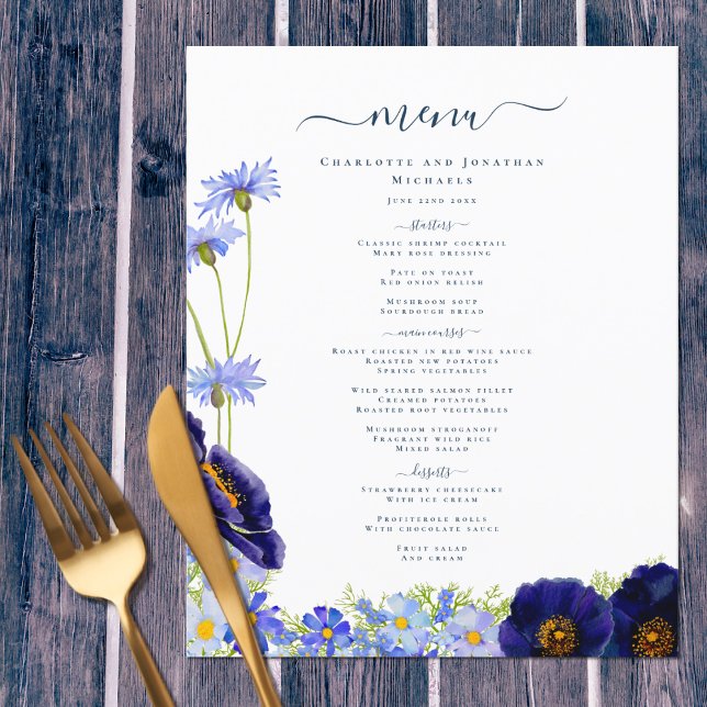 Moderno menú Boda Floral Boho Blue (Wildflower watercolor blue personalized wedding menu original artwork by artist Catherine Sweetman)