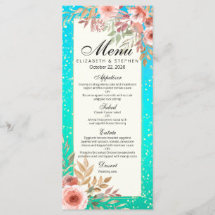 Moderno menú Boda Floral rosa Verde azulado Confet