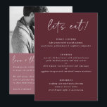 Moderno menú Boda Merlot con foto de vuelta<br><div class="desc">Menú Merlot / Borgoña / Boda de vino: Este moderno menú boda incluye textos de escritura a mano en un agradable fondo en el frente con la foto de la pareja y mensaje de agradecimiento en la parte trasera. Es el perfecto menú boda de doble cara para servir como menú...</div>