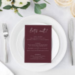 Moderno menú Boda Merlot con Gracias al revés<br><div class="desc">Merlot / Borgoña / Menú Boda de vino: Este moderno menú boda se sirve como un agradecimiento. Incluye texto escrito a mano en un fondo divertido en el frente con un dulce mensaje de agradecimiento en la parte posterior. Es el perfecto menú boda de doble cara para servir como menú...</div>