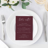 Moderno menú Boda Merlot con Gracias al revés