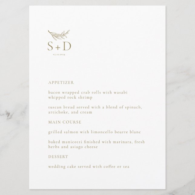 Moderno menú Boda monocromático negro y dorado (Anverso)