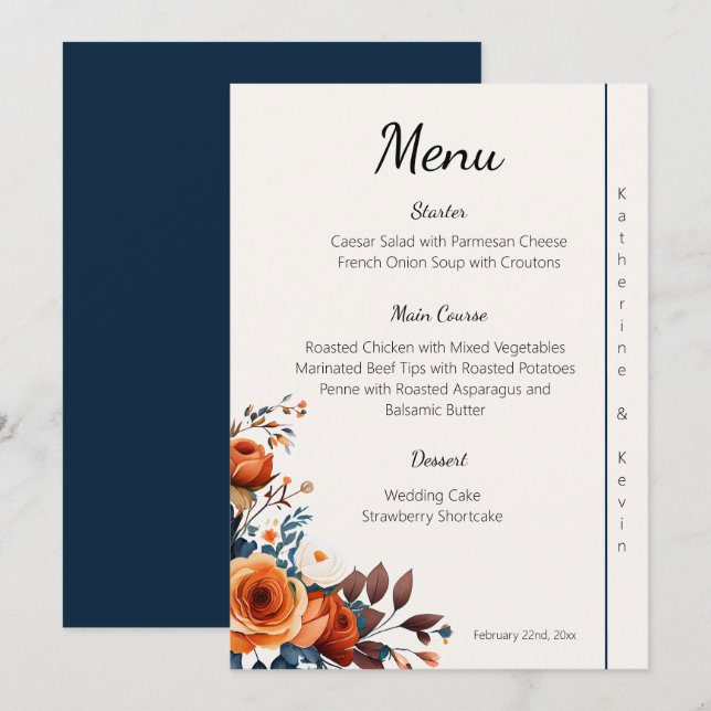 Moderno menú Boda Naranja azul y quemado de la Mar (Anverso / Reverso)