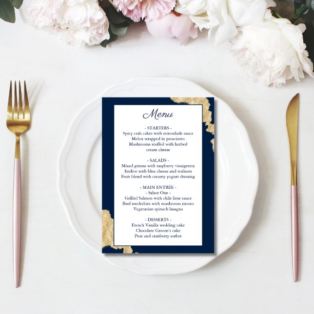 Moderno menú Boda Navy Blue & Gold (Subido por el creador)