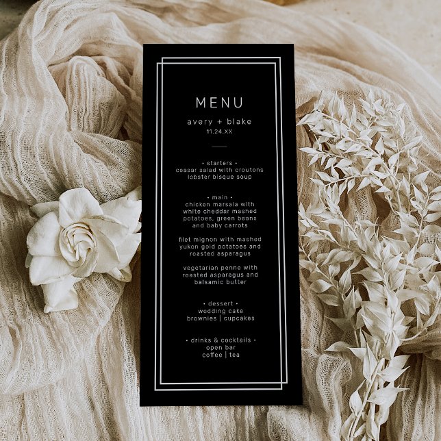 Moderno menú Boda negro / AVERY Suite (Modern Black Wedding Menu / AVERY Suite)