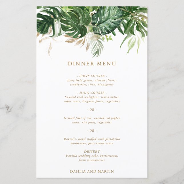 Moderno menú Boda tropical con vegetación dorada (Anverso)