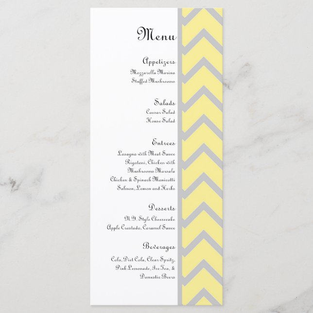 Moderno menú Chevron amarillo/gris Boda (Anverso)