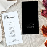 Moderno menú de Boda de caligrafía negra<br><div class="desc">Esta sencilla y moderna carta de menú boda incluye caligrafía y un sencillo tipo de letra para su menú boda sobre fondo blanco en la parte delantera y un respaldo sólido negro. Perfecto para un boda moderno pero clásico u otro evento, boda con un tema de color blanco y negro...</div>