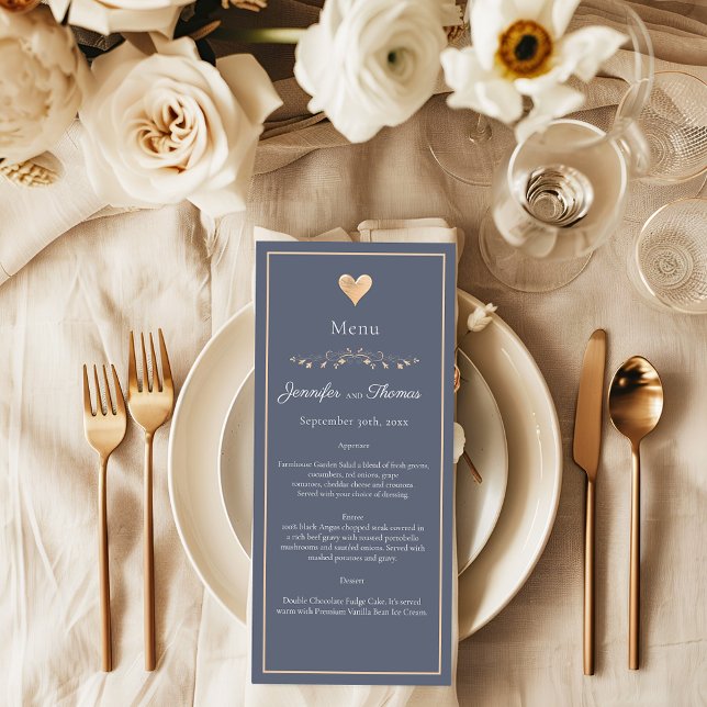 Moderno menú de Boda de corazón azul de la Marina  (Subido por el creador)