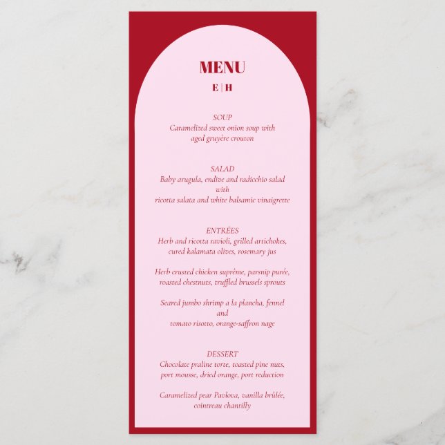 Moderno menú de Boda rojo rosado del arco Minimali (Anverso)