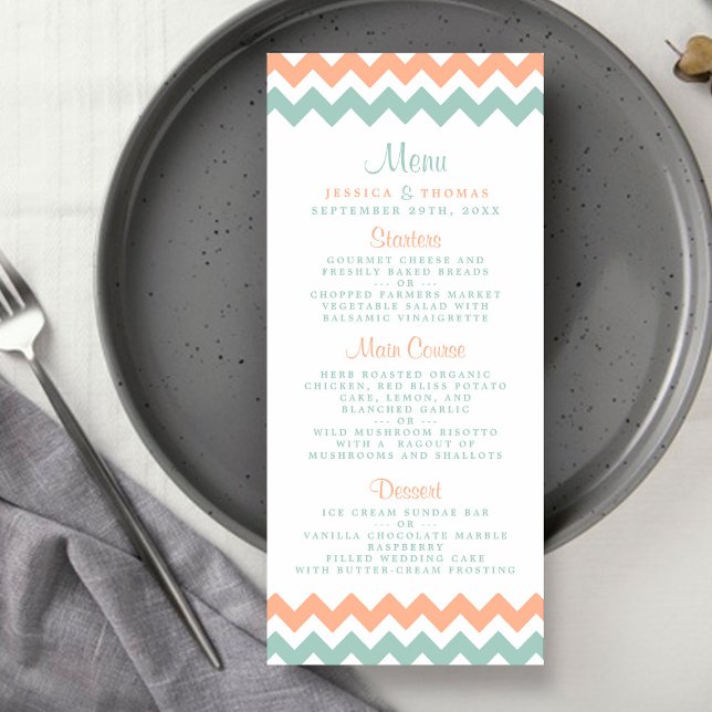 Moderno menú de Bodas de Peach & Mint Chevron (Subido por el creador)