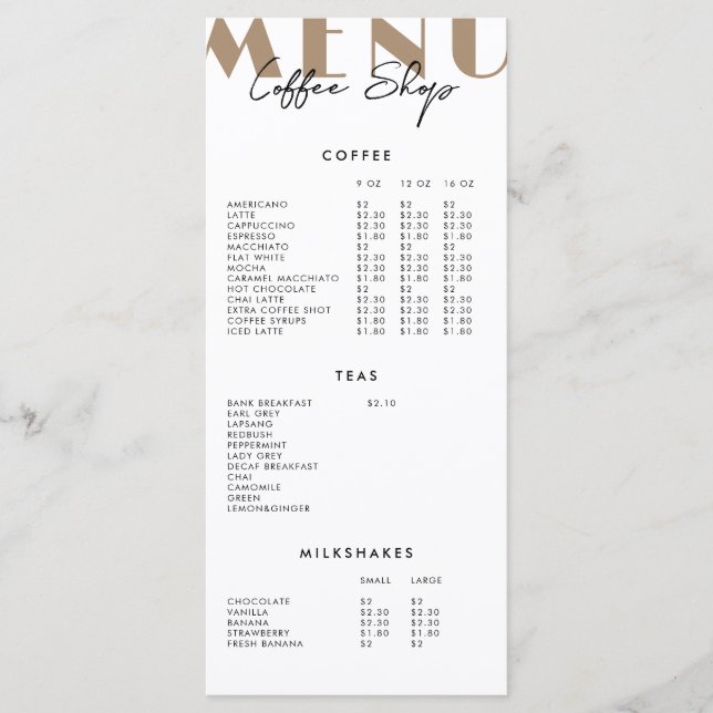 Moderno menú de cafetería Minimalista (Anverso)