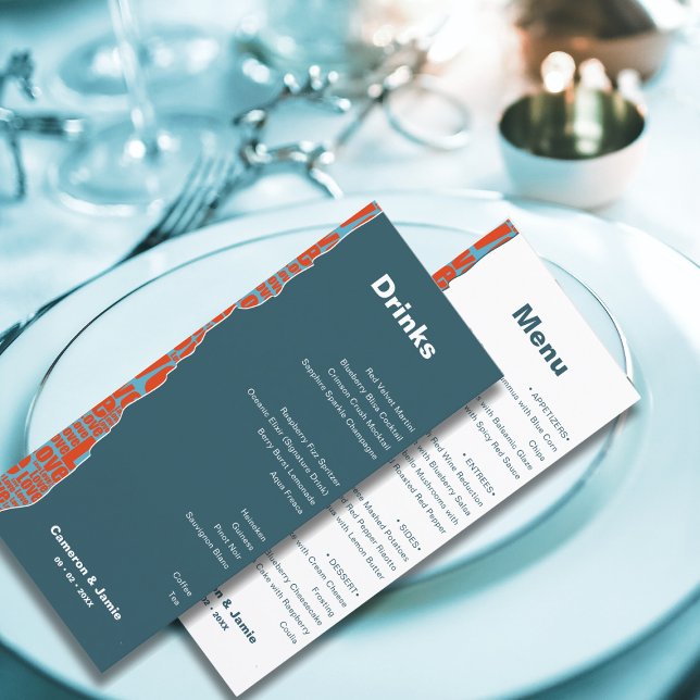 Moderno menú de cena con bebidas de borde rojo azu (Modern Red Blue Border Drinks Dinner Menu)
