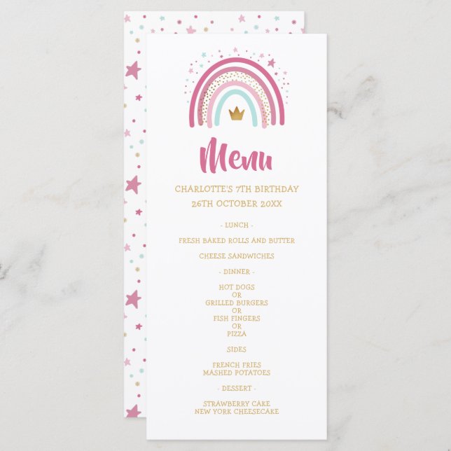 Moderno menú de cumpleaños con temática arcoiris f (Anverso / Reverso)