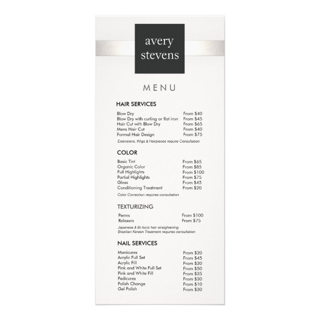 Moderno menú de salón a rayas de plata negro y bla (Frente)