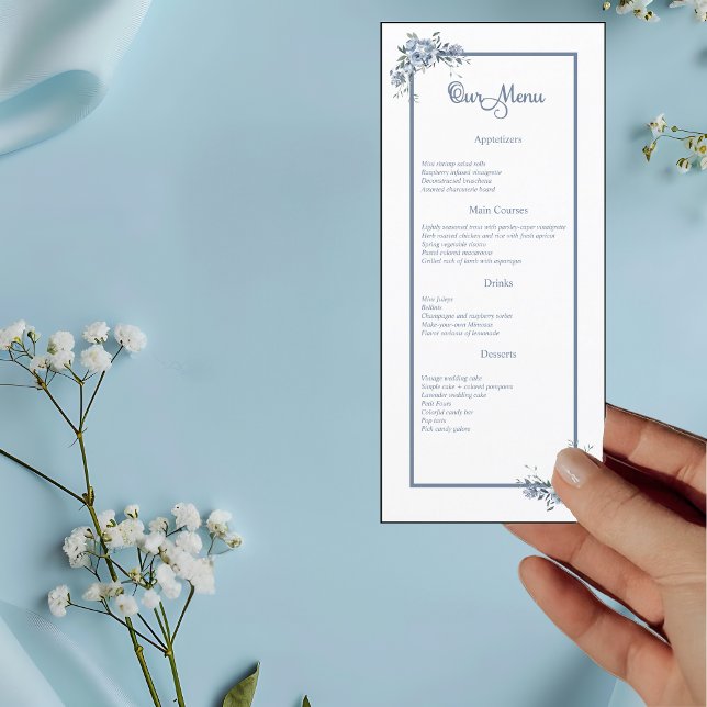 Moderno menú degustación Boda con flores azules (Subido por el creador)