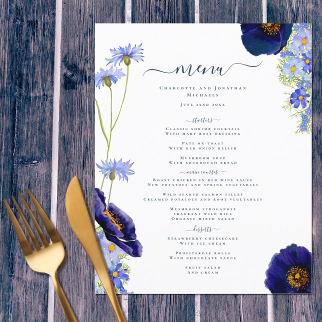 Moderno menú del Boda del Boho azul de flores silv (Unique Wildflower blue boho personalized wedding menu for day of the wedding or rehearsal dinner)