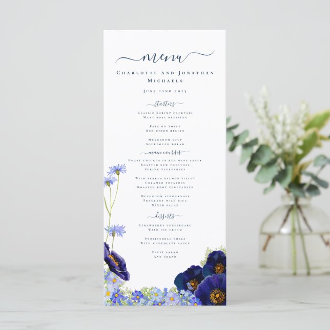 Moderno menú del Boda del Boho azul de flores silv (Anverso de pie)