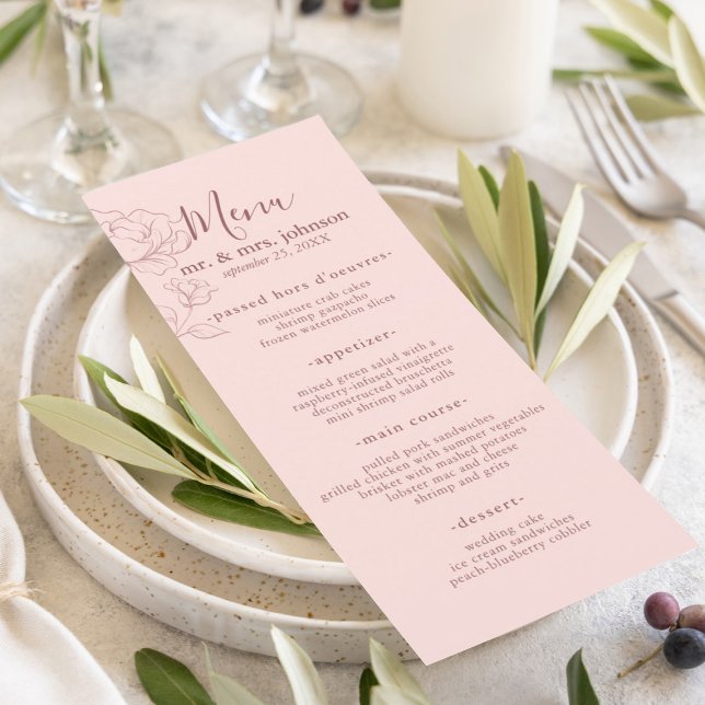 Moderno Menú Floral Elegante Rosa (Blush pink with a modern floral outline makes a beautiful elegant design for your reception menu.)