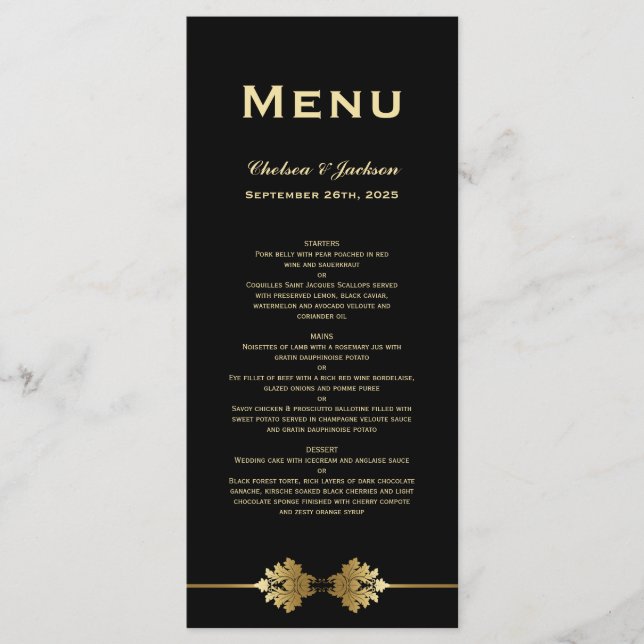Moderno menú formal de Boda de oro negro (Anverso)