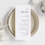 Moderno menú Minimalista blanco elegante de Bodas<br><div class="desc">Establezca el tono de su recepción de bodas o evento especial con este diseño de menú impreso intemporal y elegante. Con un diseño clásico en blanco y negro con sofisticados guiones, este menú le aporta un toque refinado a sus mesas, mientras guía a sus comensales en una deliciosa experiencia gastronómica....</div>