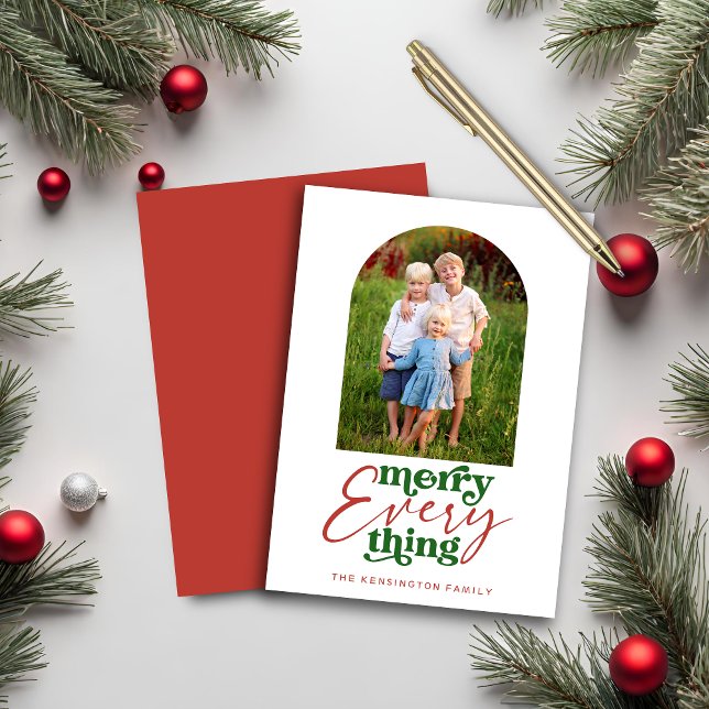 Moderno Merry Everything Retro Red Holiday Photo (Modern Merry Everything Retro Red Holiday Photo Card)
