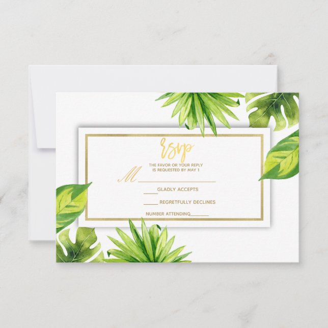 Moderno Minimal Tropical Green Leaves Wedding RSVP (Anverso)