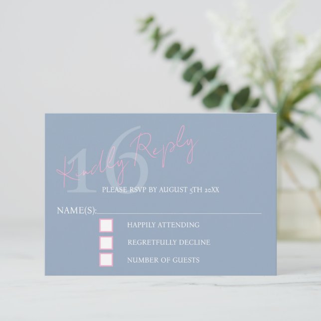 Moderno Minimalista Cumpleaños 16 RSVP Rosa Azul (Anverso de pie)