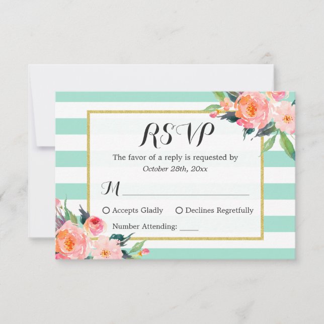 Moderno Mint Green Stripes Floral RSVP Respuesta (Anverso)