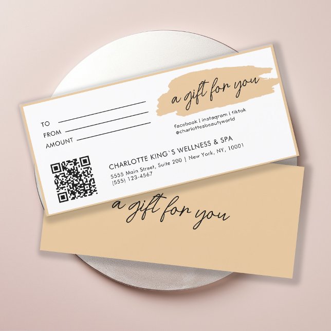 Moderno, moderno, de escritura a mano, con código  (Personalized, trendy, modern, handwriting, with qr-code, beige gift certificate.)