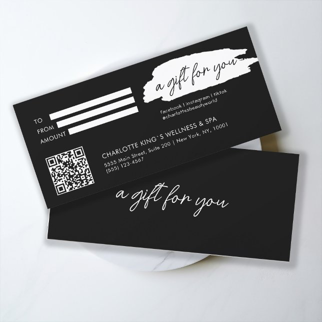 Moderno, moderno, de escritura a mano, con código  (Personalized, trendy, modern, handwriting, with qr-code, black gift certificate.)
