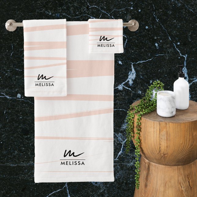 Moderno Monograma Rubor Líneas rosas Resumen Arte (Modern Monogram Blush Pink Lines Abstract Art Bath Towel Set)