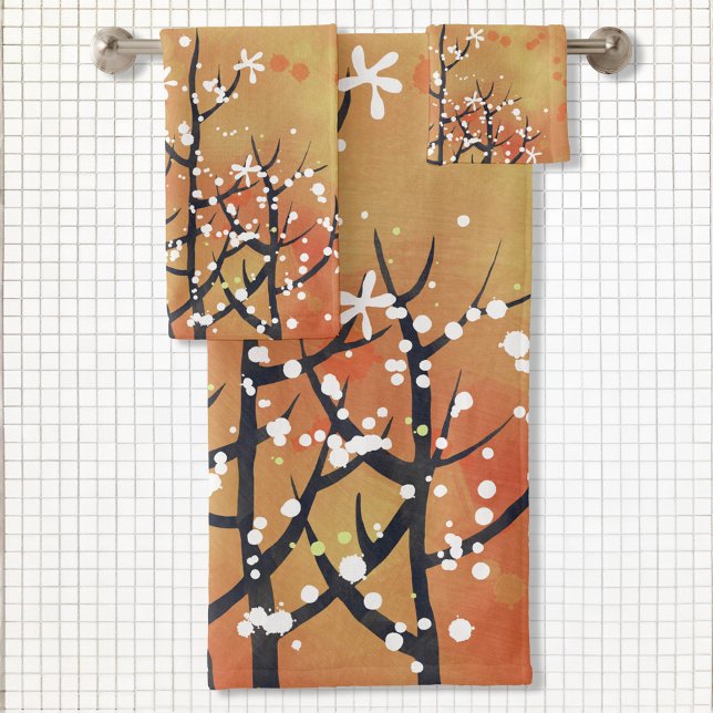 Moderno Naranja de análisis de paisaje quemado (Blackthorn blossom modern abstract landscape art bathroom towel set)