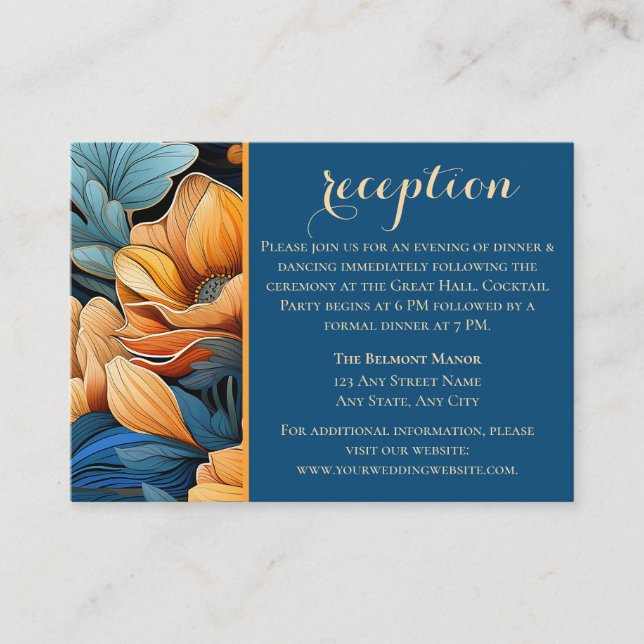 Moderno Naranja quemado y recepción floral azul (Anverso)