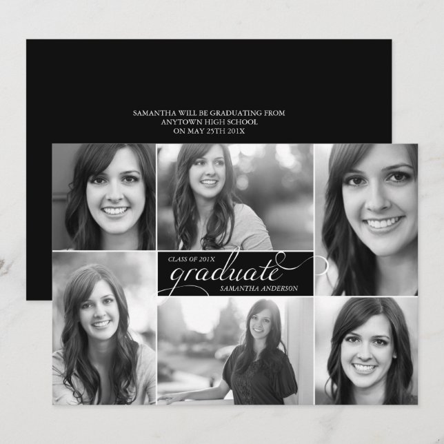 Moderno negro 6 Invitación a graduación de guión g (Anverso / Reverso)