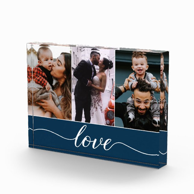 Moderno Personalizado 3 Fotos Love Script Blue (Derecha)