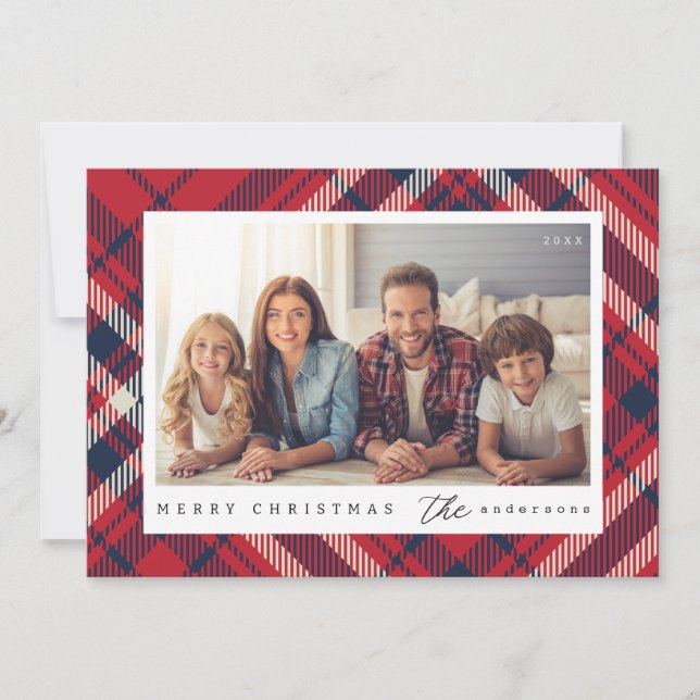 Moderno Plaid Feliz Navidad Foto Familiar Personal (Anverso)