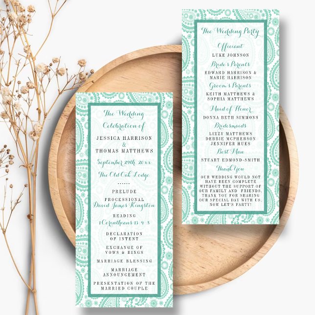 Moderno programa de bodas verdes paisley (Subido por el creador)